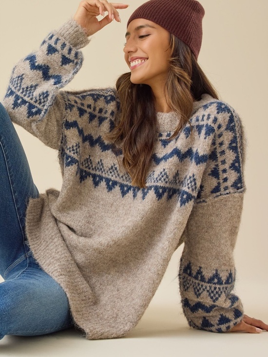 Altar'd State Sweaters - Altar'd State Taupe & Navy Fair Isle Crewneck Sweater